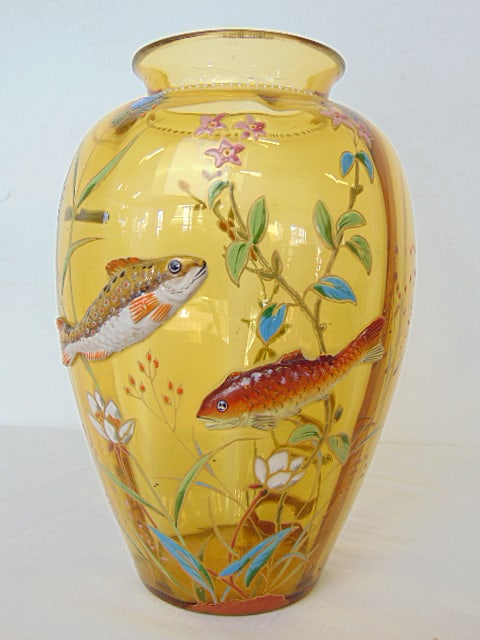 E. Galle art glass vase with applied enameled fish, glass is amber, height is 7 5/8", good (1 of 5)