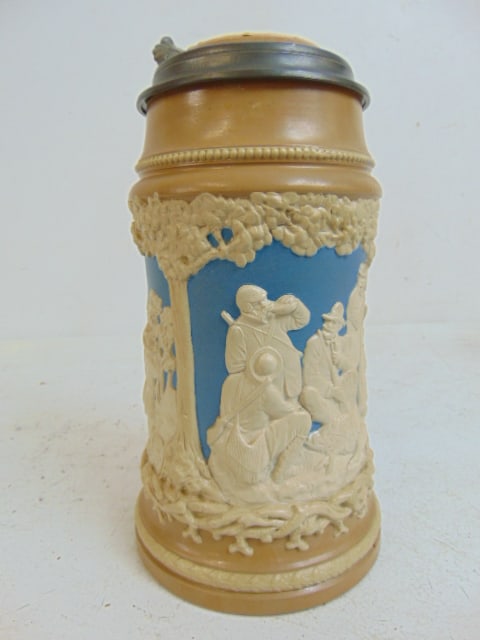 Mettlach beer stein, decorated with various hunt scenes, pewter rim, 10.5" tall (1 of 5)