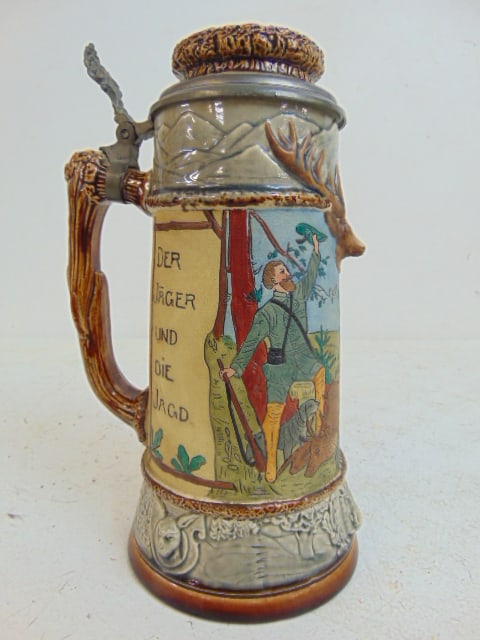 German beer stein, "Der Jager und die Jagd", with moose decorations, pewter lined lid, height is (1 of 5)