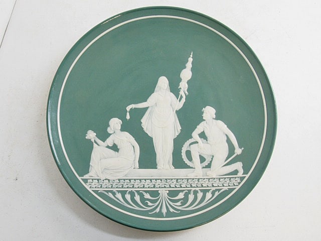 Villeroy & Boch Mettlach porcelain charger in green, white, neoclassical style, in good condition,: Villeroy & Boch Mettlach porcelain charger in green, white, neoclassical style, in good condition, diameter is 17.5"
