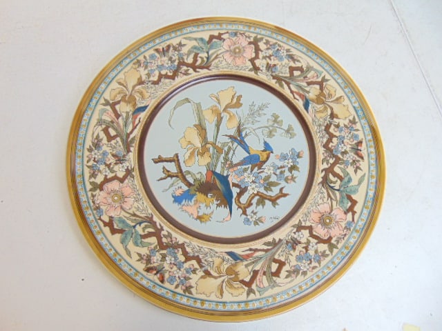 Large Mettlach charger with flowers & bird decoration, signed M. Hein, decorative border with (1 of 6)