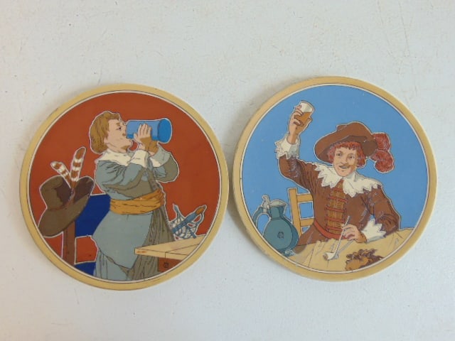 Pair Mettlach plates, figures drinking, 7 5/8" in diameter, good condition. (1 of 4)