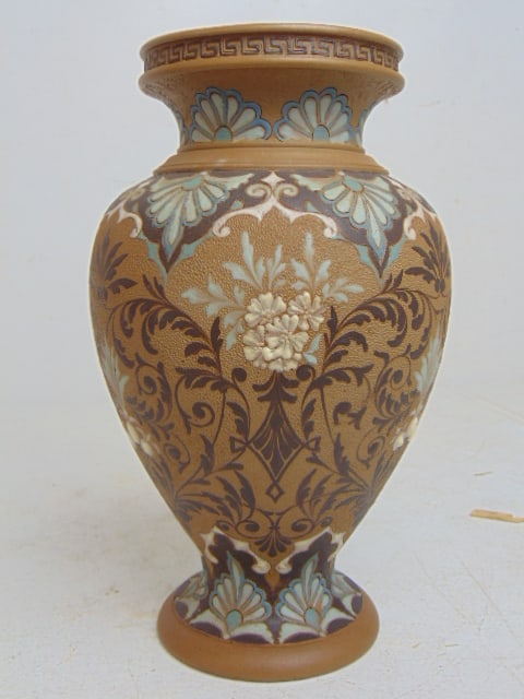 Ceramic vase, Doulton Lambert, glazed interior, vase is 9 3/8" tall. (1 of 4)