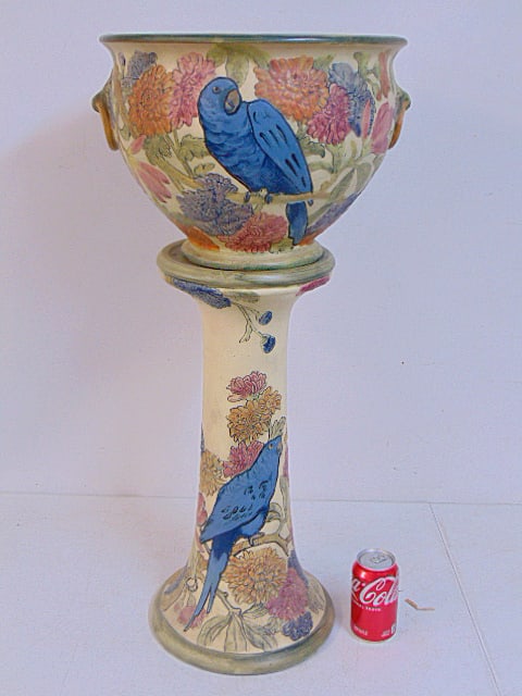 Weller "Woodcraft Parrot" art pottery jardiniere & pedestal, good condition, total height is 31,5", (1 of 6)