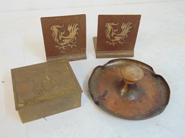 Arts & Crafts desk pieces, hammered copper Roycroft round ashtray, 6.75", Pair Silver Crest sterling (1 of 6)