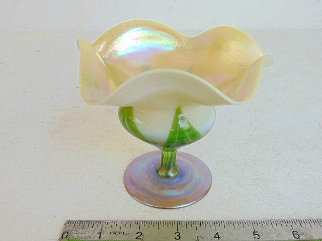 L.C. Tiffany Favrile ruffled pedestal vase, 5 5/8" wide, height is 4.75", good condition. (1 of 6)