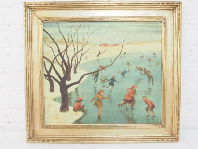 Painting, "The Skating Pond", Eunice Vibberts, oil on board, 13.75" by 15.5", framed size is 18.25" (1 of 6)