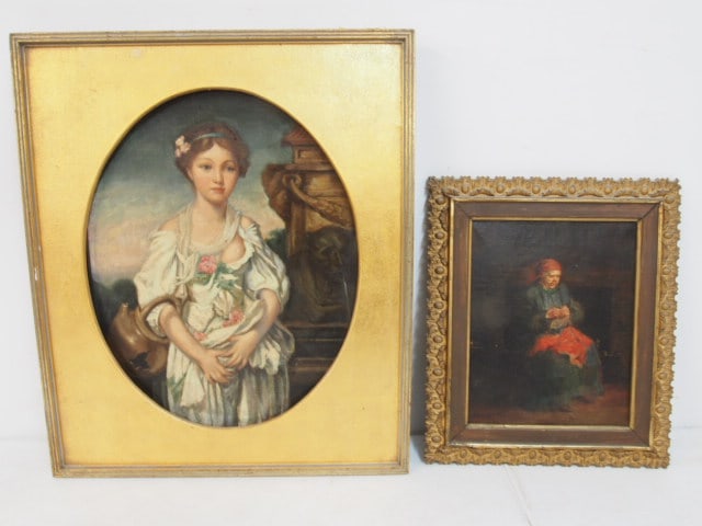 2 paintings, "The Broken Pitcher" a seamstress, signed illegibly, oil on canvas, 16.25" by 12.25" & (1 of 6)