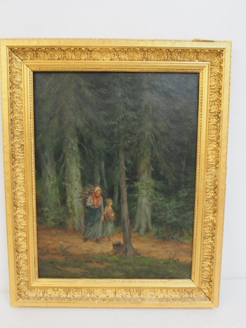 Painting, F.I. Perly, old woman & girl with brushwood bundle in wooded setting, oil on canvas, 18.5" (1 of 5)
