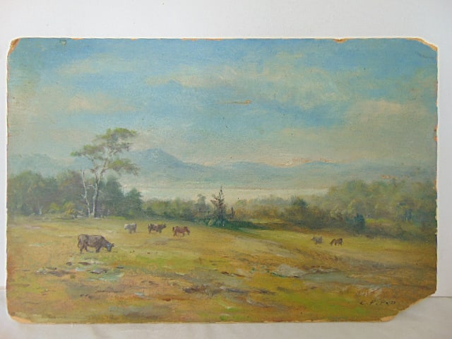 Painting, Hudson River scene, E.F. Pell, oil on board, "Across the Hudson", showing the Hudson River (1 of 5)