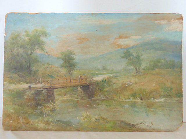 Painting, figure fishing on bridge, E.F. Pell, oil on board, possible a bridge over Fishkill creek (1 of 5)
