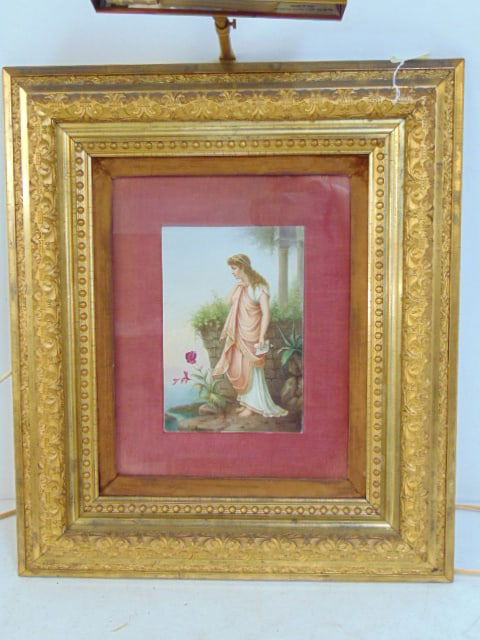 KPM porcelain plaque in gilt frame, portrait of a lady holding a letter, her dress highlighted in (1 of 9)