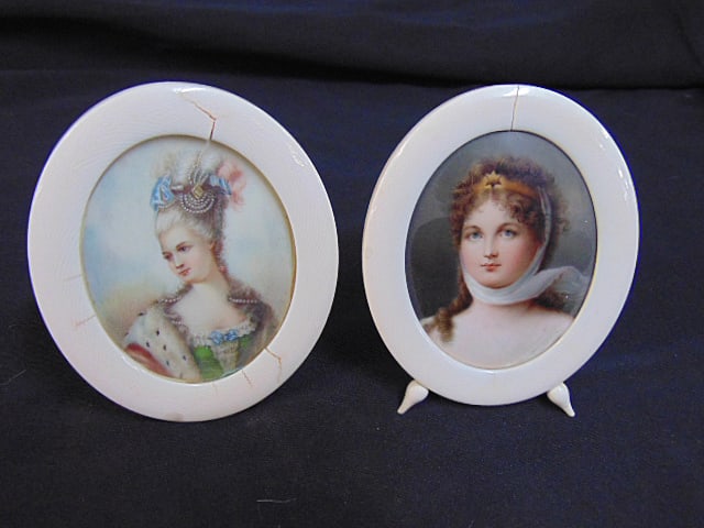 2 miniature portraits in bone frames, one painted on porcelain, 4.25" by 3.5" framed size, both (1 of 6)