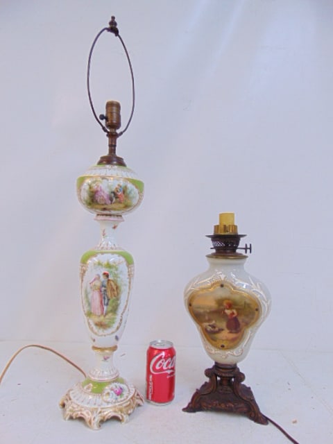 2 porcelain lamps, one with little girl & swan scene, other with floral & courting scene, 33" & (1 of 8)