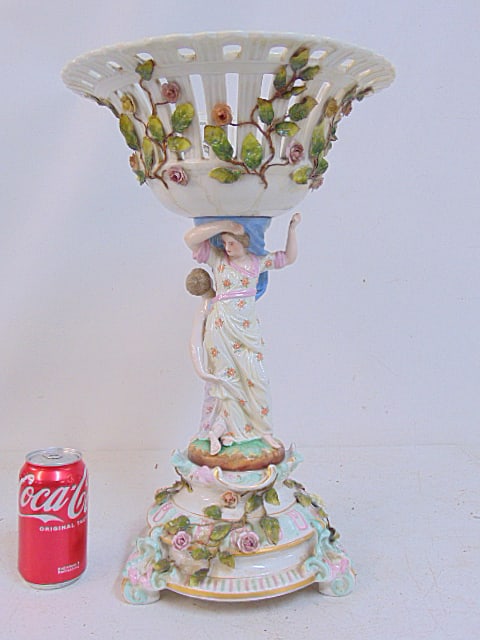 Large Sitzendorf German porcelain reticulated bowl on figural base, 2 female figures supporting the (1 of 10)
