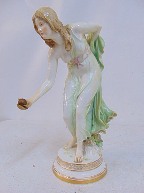 Meissen porcelain figure, woman with apple, as is, has various repairs, height is 14" (1 of 7)