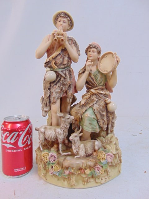 Royal Dux bisque porcelain group, sheep herders playing music, on floral decorated base, height is (1 of 7)