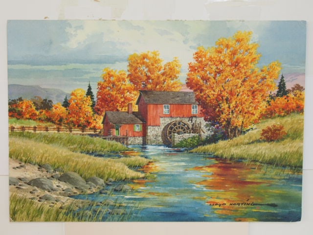 Watercolor, Lloyd Harting, watermill in stream in landscape, painting is 52" by 22", unframed: Watercolor, Lloyd Harting, watermill in stream in landscape, painting is 52" by 22", unframed