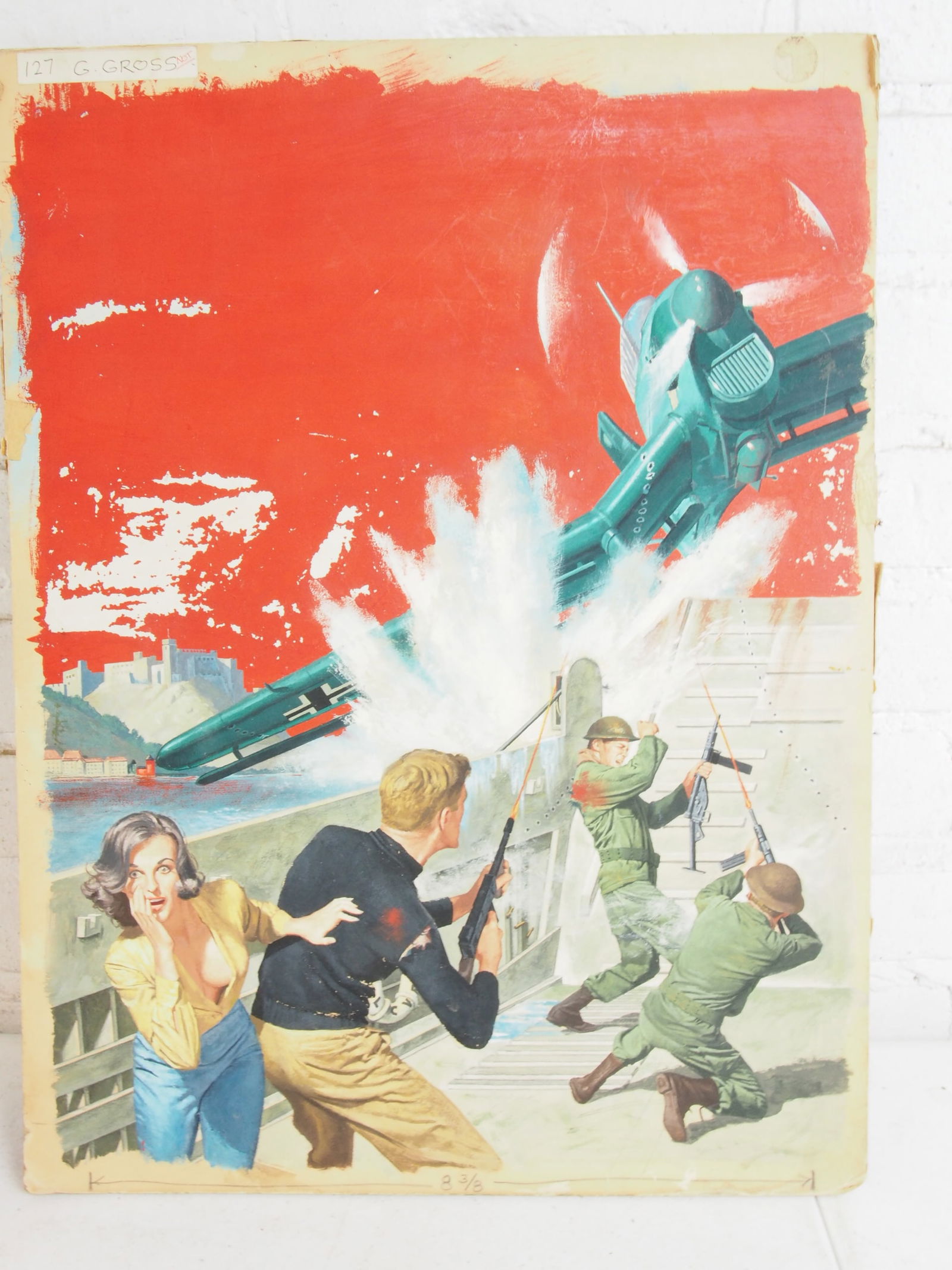 Illustration, German fighter attacking landing craft, "Borack" written on reverse, 2" by 15", (1 of 4)