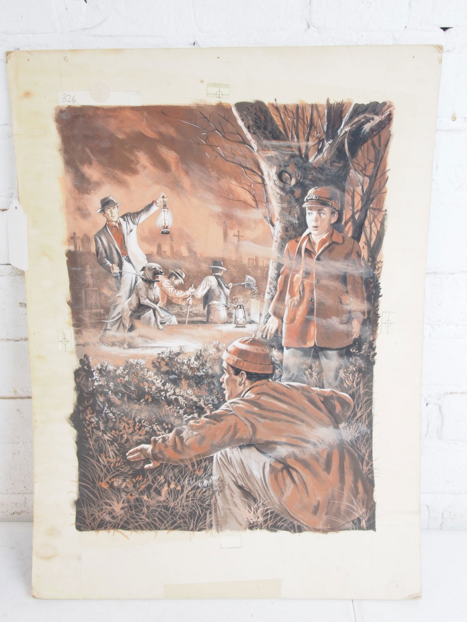 Illustration, figures spying on grave diggers, 22" by 16", some water damage , staining, mostly in (1 of 4)