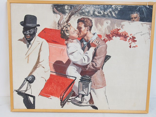 Illustration, McClelland Barclay, couple in carriage being spied on, oil on canvas, 28" by 36" (1 of 4)