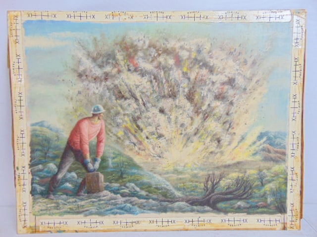 Illustration, Robert J. Lee, man setting off an explosion, on board, 18" by 23.5": Illustration, Robert J. Lee, man setting off an explosion, on board, 18" by 23.5"