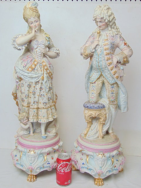 Pair large bisque porcelain figurines, man & woman in 18th Century floral decorated clothing with (1 of 16)