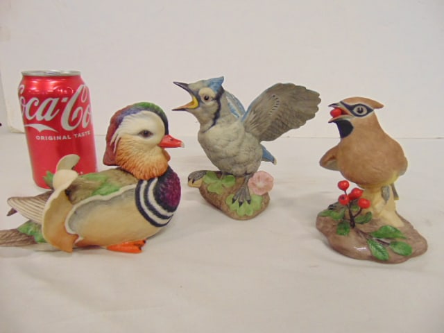 3 Boehm porcelain birds, "Cedar Waxwing", "Hedgeling Blue Jay" & "Mandarin Duck", dusk is 6" by 3",: 3 Boehm porcelain birds, "Cedar Waxwing", "Hedgeling Blue Jay" & "Mandarin Duck", dusk is 6" by 3", Blue Jay is 4" by 5.75" & Cedar Waxwing is 5" by 3.5", height is roughly 4.25"
