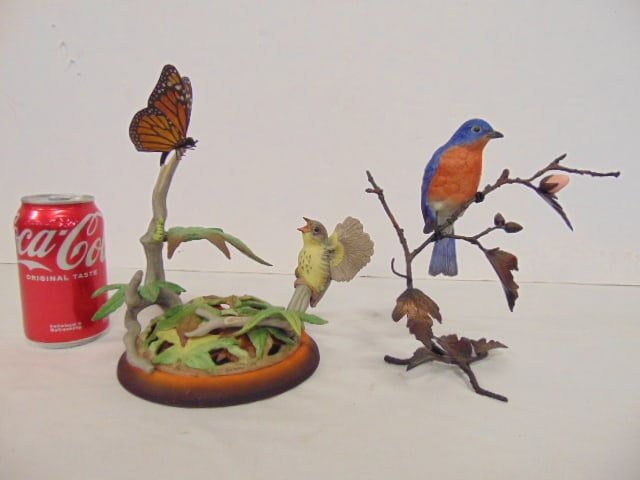 2 Boehm birds, "Hedgling Canada Warbler" & "Bluebird on Rose of Sharon Hibiscus", Warbler looking at (1 of 9)