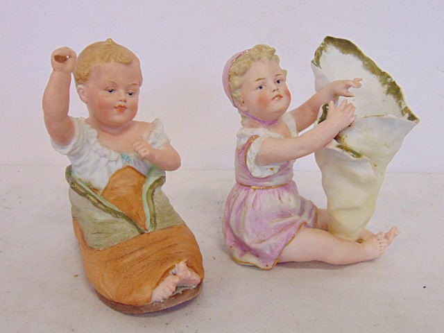 2 Heubach bisque porcelain piano babies, toddler figures, boy in shoe & girl with vase, 5" tall (1 of 5)