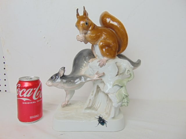 Porcelain squirrel group by Karl Ens, Volkstedt, brown & grey squirrels on tree stump with bug, good (1 of 6)