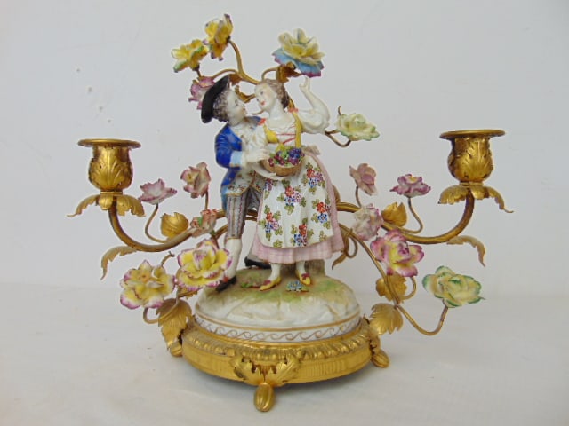 Volkstedt candelabra, gilt metal with applied porcelain flowers & porcelain figure in center, figure (1 of 6)