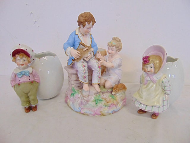 3 porcelain figures, pair porcelain figural German egg vases, boy & girl, 6" tall & bisque porcelain (1 of 8)