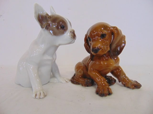2 Rosenthal dogs, puppies, Dachshund puppy & bulldog puppy figurines, bulldog is 7.5" tall, both in (1 of 8)