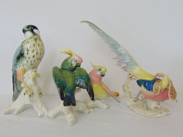 3 German porcelain Volkstedt birds, Karl Ens, includes Golden Pheasant rooster, 9.75" tall, pair of (1 of 8)