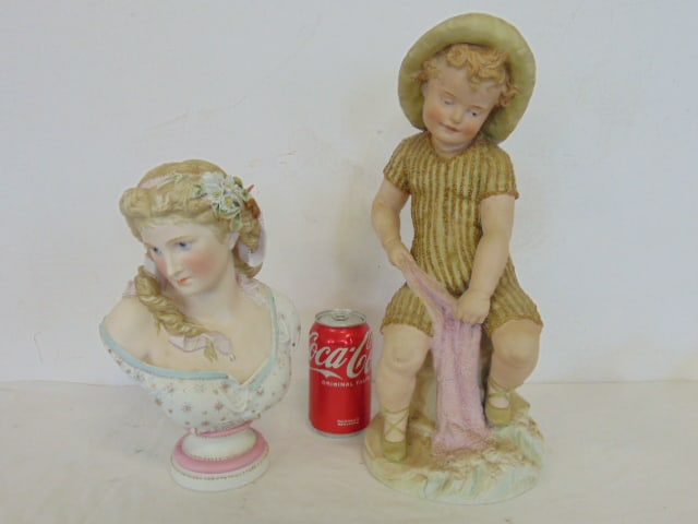 Bisque porcelain bust & boy on stump with fish net, bust is 11.5" tall, boy is 16.25" tall, boy has: Bisque porcelain bust & boy on stump with fish net, bust is 11.5" tall, boy is 16.25" tall, boy has filled in stress crack on bottom, bust of a lady has chips on flowers in hair