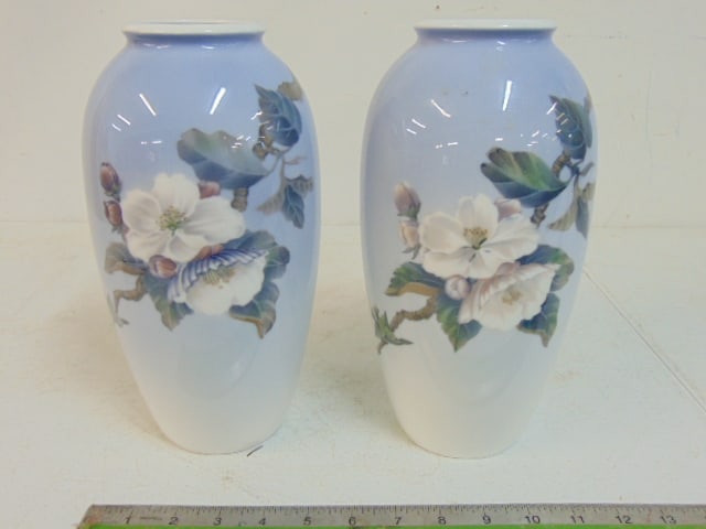 Pair of Royal Copenhagen floral decorated vases, 10.75" tall, in good condition. (1 of 7)