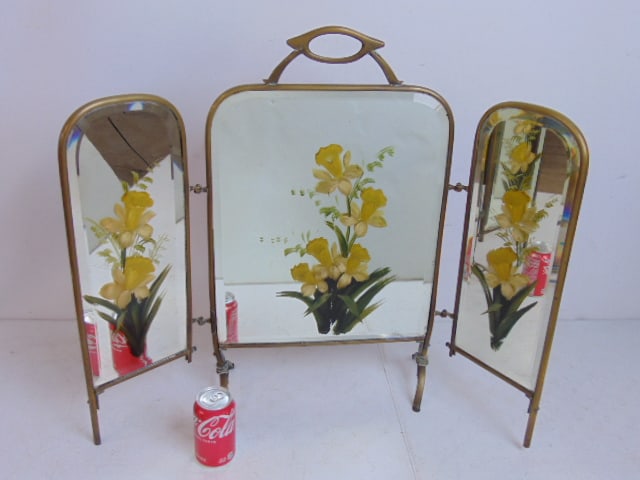 3 panel mirrored fire screen with floral decoration on glass, brass frame, 33" wide (total), 26" (1 of 5)