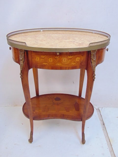 Oval marble top bronze mounted inlaid stand with lower shelf, 2 side drawers & pull out leather top (1 of 6)