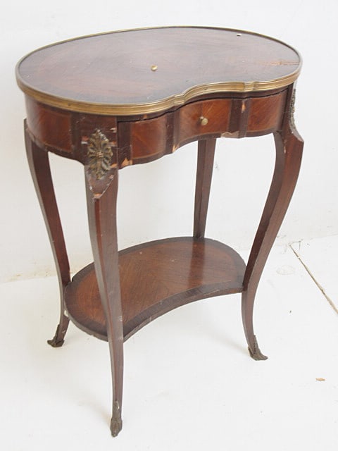 Kidney shaped French bronze mounted stand with drawer, drawer has build in leather writing area, (1 of 4)