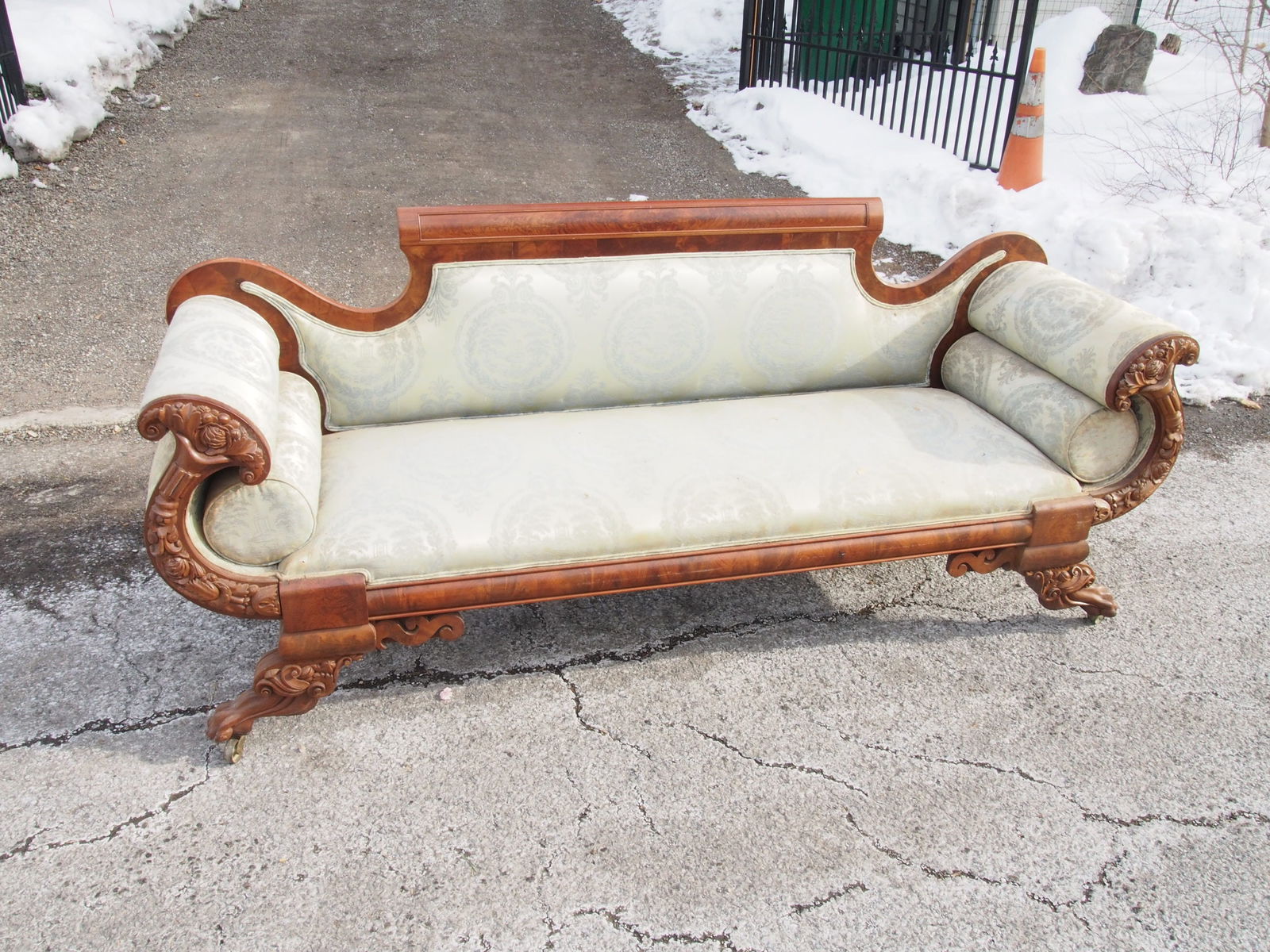 Empire sofa with cornucopia scrolled arms, sofa is 7 feet long, 25" deep, seat height is 20" (1 of 5)