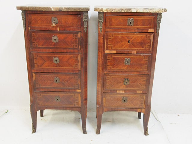 Pair French Louis XV style lingerie chests with marble tops, 5 drawers, has loss of veneer, 16" by (1 of 4)