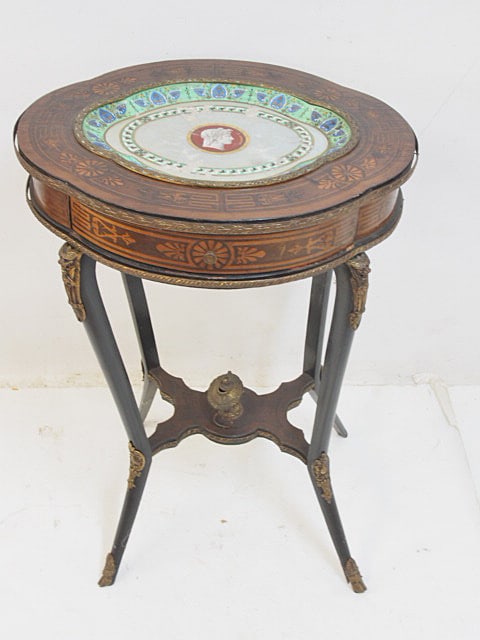 Inlaid French stand with Sevres faux marble insert, bronze mounted, stand is 21.5" by 18.25", height (1 of 5)