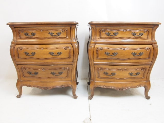 Pair diminutive bombe front bachelors chests, each chest is 45" wide, 17.75" deep, height is 28.5", (1 of 4)
