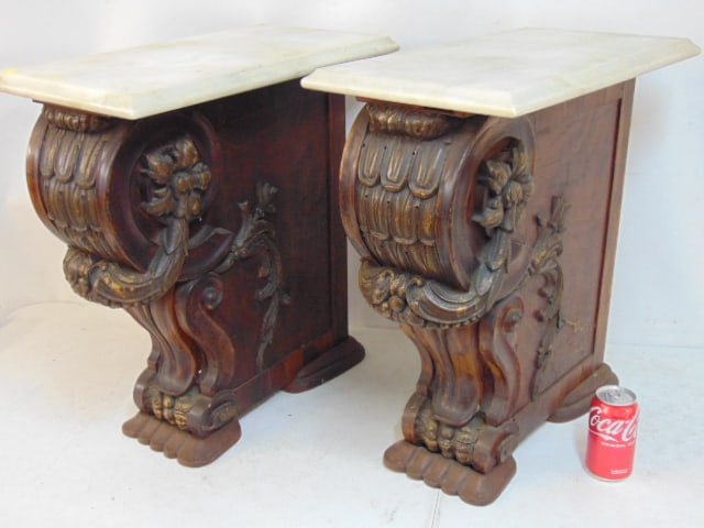 Pair marble top carved base stands, bases were originally part of large piece of furniture, marble (1 of 4)