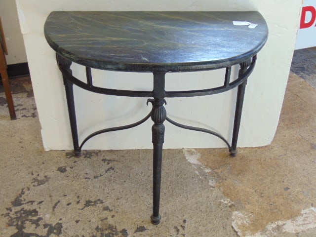 Iron base demi lune console table, faux marble wood top, table is 35.25" by 21", height 29.5" (1 of 5)