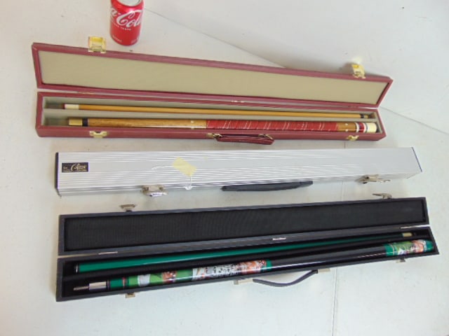 3 pool cue cases, two have cues, case by Ray Reardon, 33" long (vary slightly), one cue marked (1 of 5)