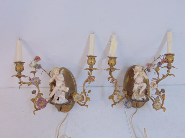 Pair double arm wall sconces, gilt metal with porcelain cherub playing musical instrument center, (1 of 6)