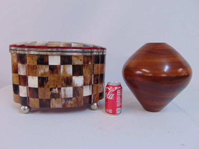 Tessellated pattern lidded box & turned Honduran wood vase, checkerboard pattern box is 15" by: Tessellated pattern lidded box & turned Honduran wood vase, checkerboard pattern box is 15" by 9.75", height is 11", vase is 11" tall, signed Pierre. Mahogany, Honduras, box is as is, split in side, t