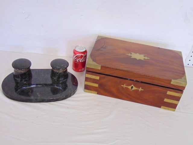 English mahogany lap desk & marble inkwell, lap desk with brass corners & hardware, fitted interior: English mahogany lap desk & marble inkwell, lap desk with brass corners & hardware, fitted interior with silver (?) lidded ink bottles & velvet writing area, box is 15 5/8" by 9 5/8", height is 6", in